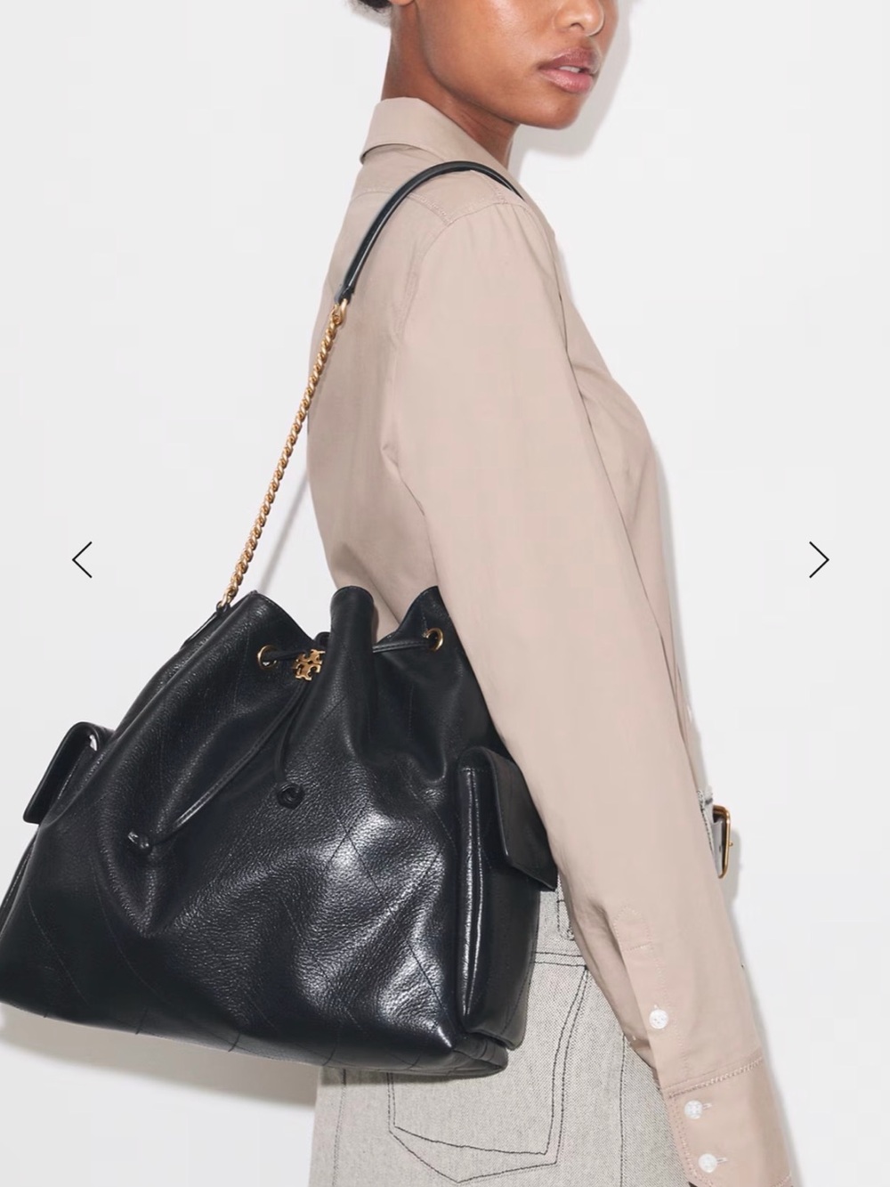 TORY BURCH LARGE CHARLIE QUILTED DRAWSTRING SHOULDER BAG BLACK